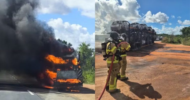 Caminhão-cegonha com carros elétricos pega fogo em Alagoinhas e interdita rodovia caminhao-cegonha-com-carros-eletricos-pega-fogo-em-alagoinhas-e-interdita-rodovia